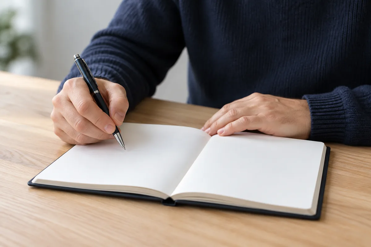 Mains d&rsquo;un homme en pull bleu marine tenant un stylo au-dessus d&rsquo;un carnet ouvert aux pages blanches