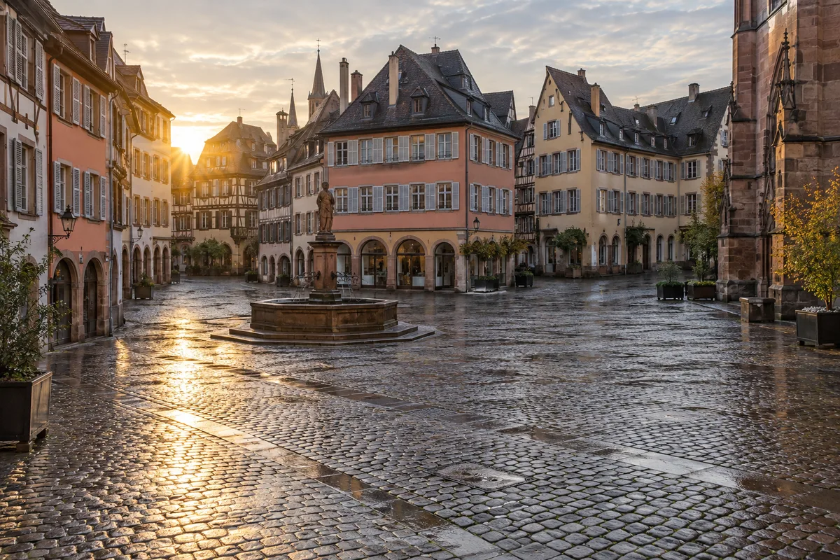 Place pavée de Strasbourg au petit matin avec façades anciennes unies et pavés mouillés