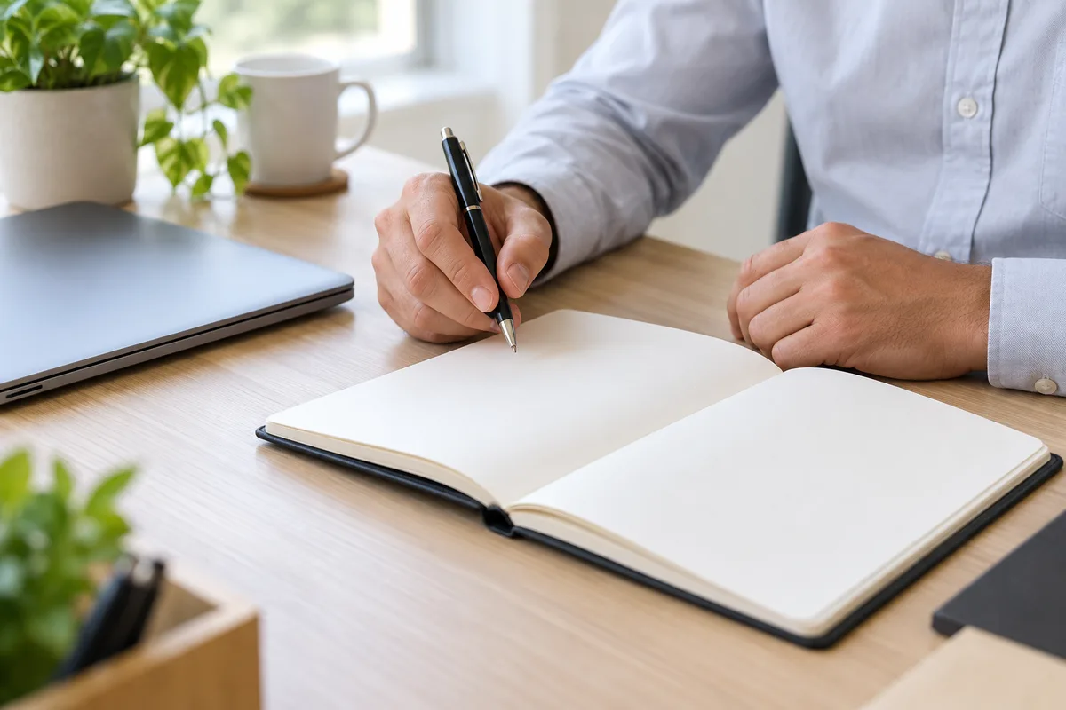 Mains tenant un stylo au-dessus d’un carnet ouvert, ordinateur portable fermé sur un bureau lumineux