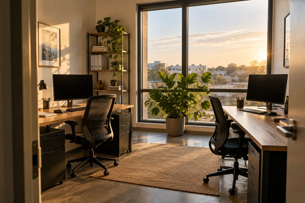 Bureau d’une petite entreprise avec deux postes de travail vides et une plante verte en fin d’après-midi