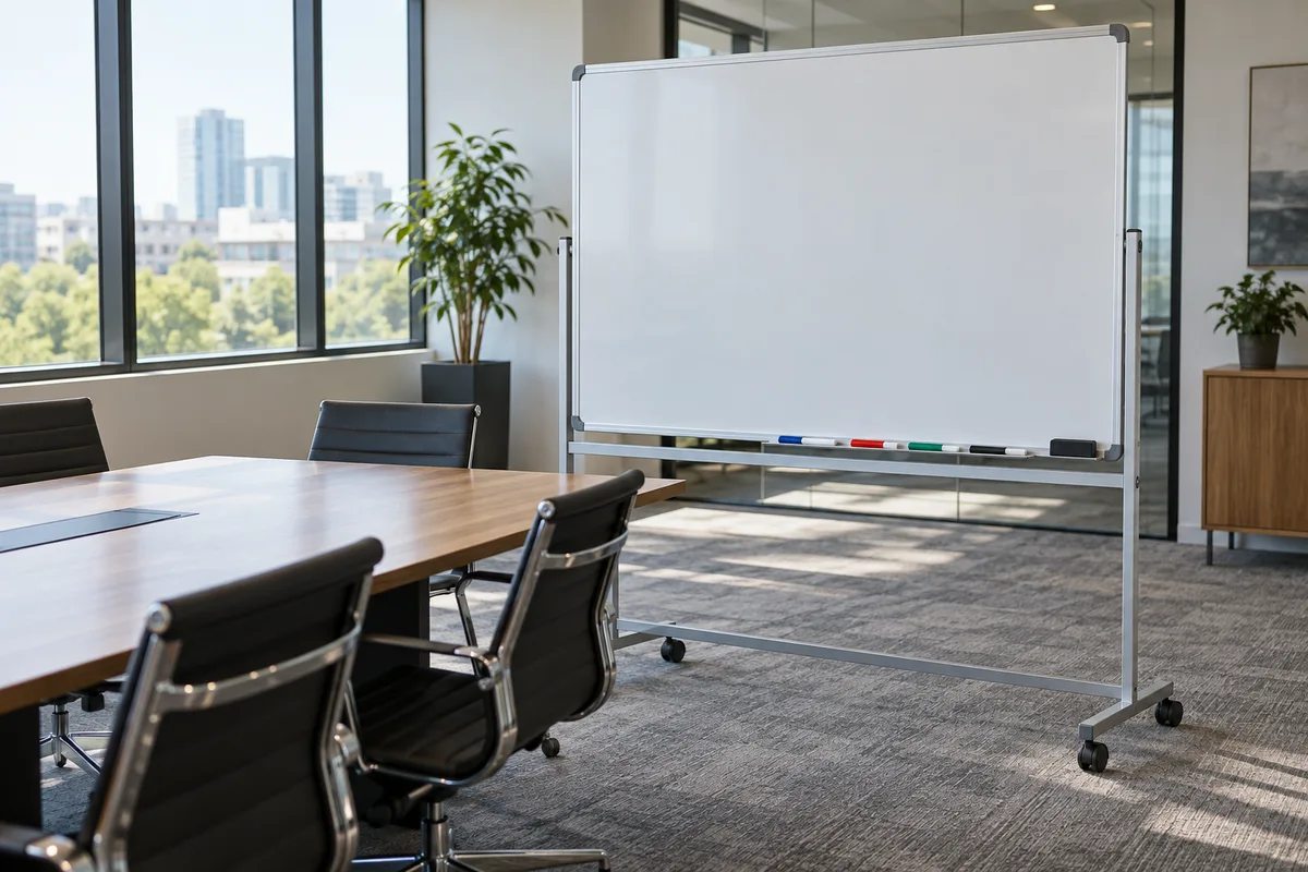 Tableau blanc effacé sur pied dans une salle de réunion vide avec des marqueurs posés sur la gouttière