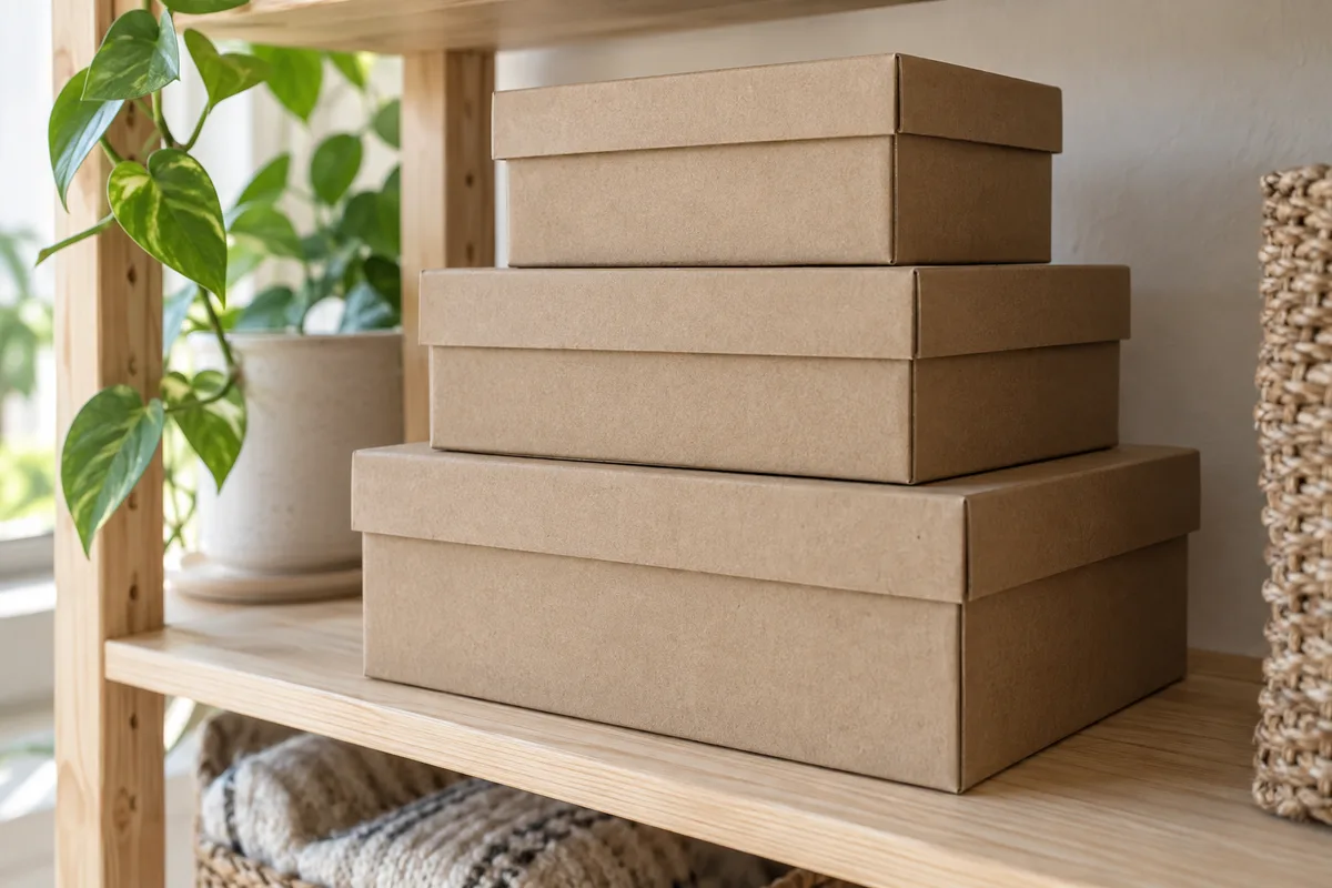 Boîtes de rangement en carton uni de trois tailles emboîtées sur une étagère claire