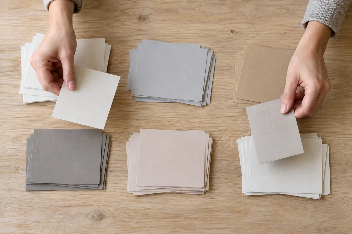 Mains triant des cartes cartonnées unies en plusieurs piles sur une table en bois clair