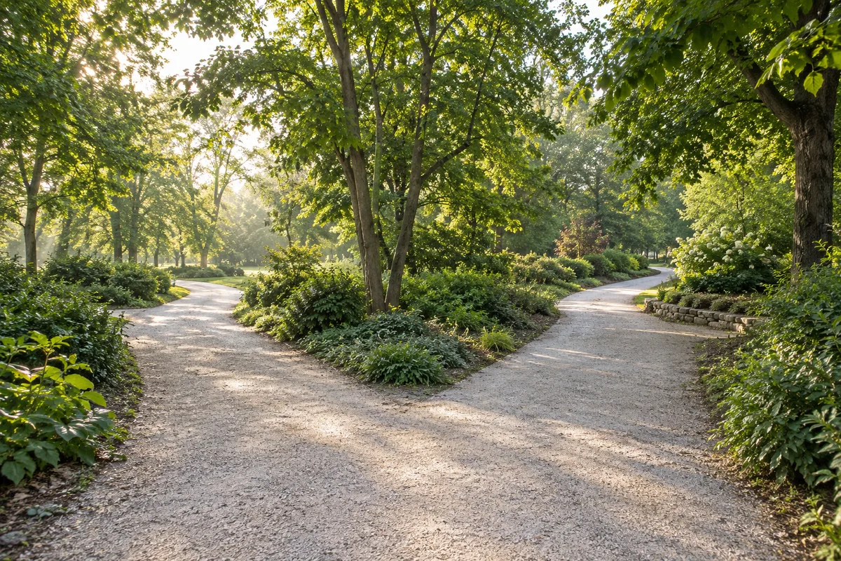 Deux chemins de gravier clair qui se séparent dans un parc arboré au petit matin