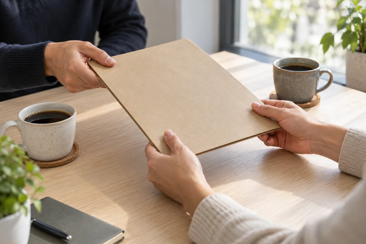 Mains tendant une chemise cartonnée fermée au-dessus d’une table claire avec deux tasses de café