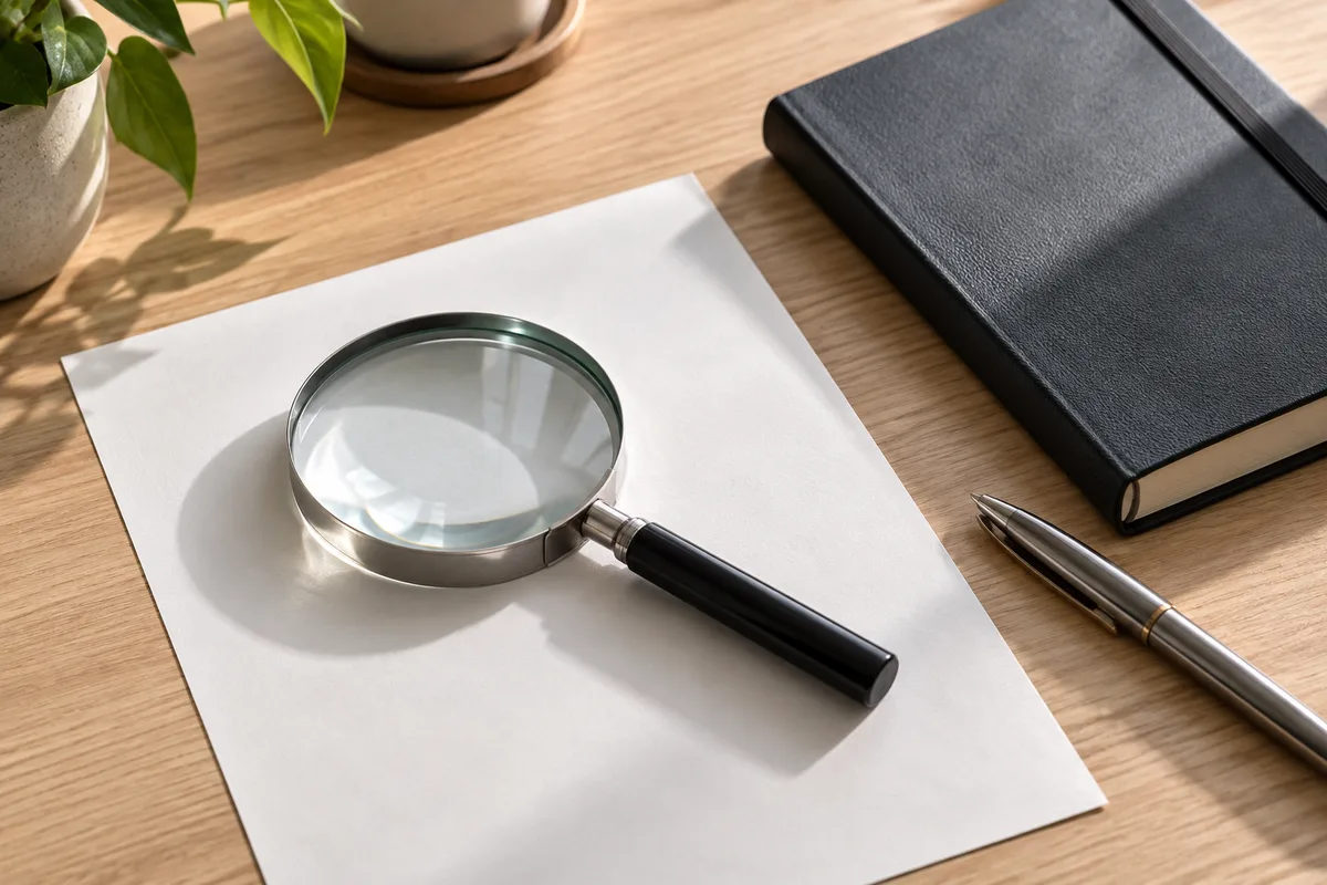 Loupe posée sur une feuille de papier unie à côté d’un carnet fermé et d’un stylo