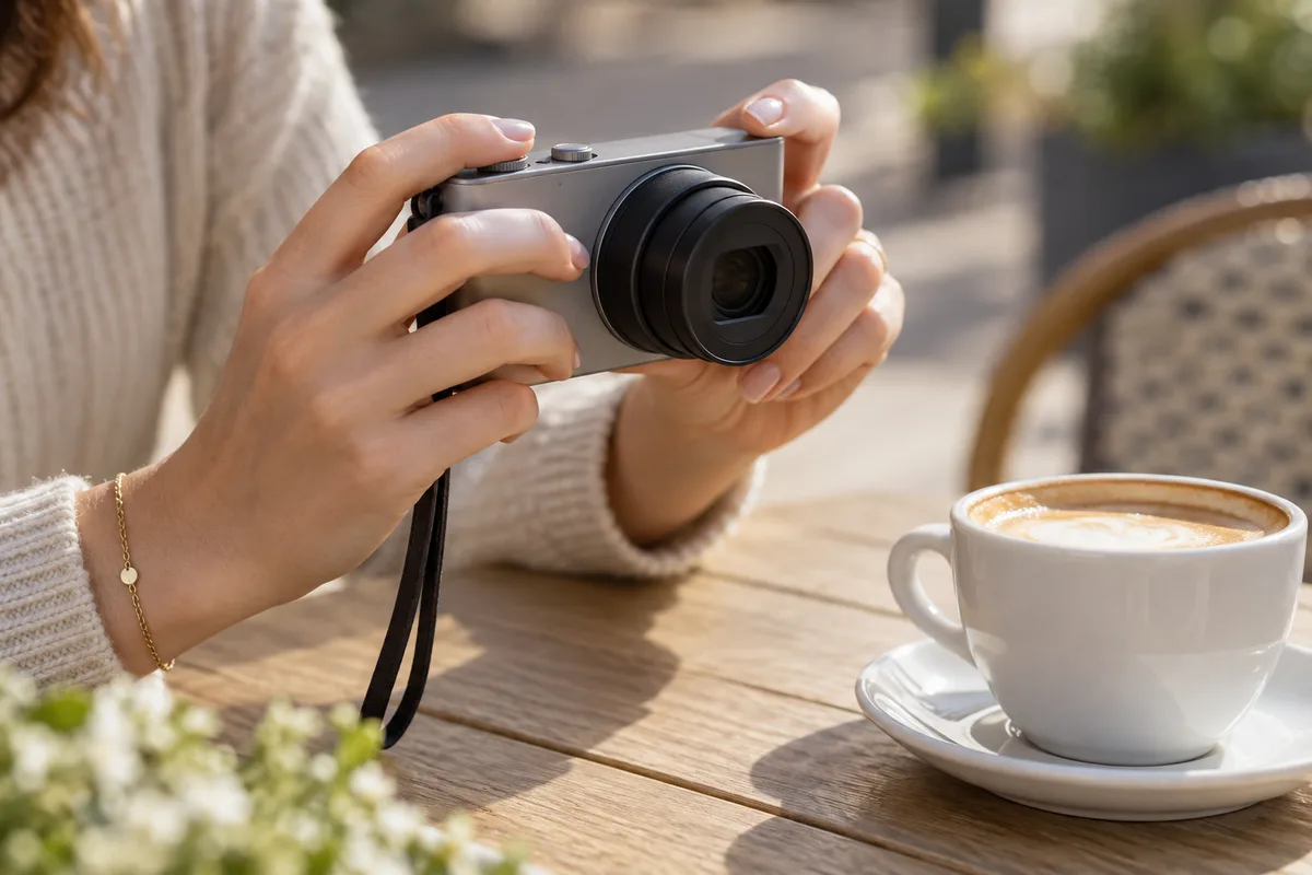Mains d’une femme tenant un appareil photo compact au-dessus d’une table de café