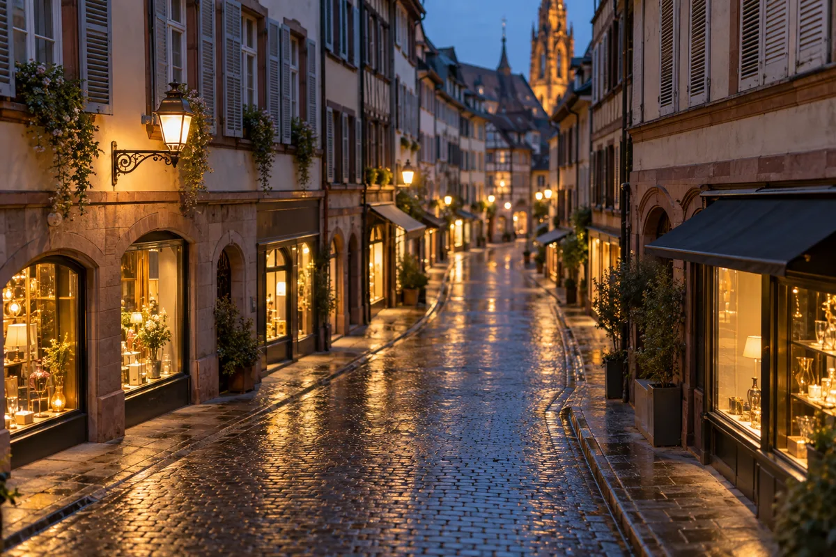 Rue commerçante de Strasbourg au soir avec lumières de vitrines floues et façades unies