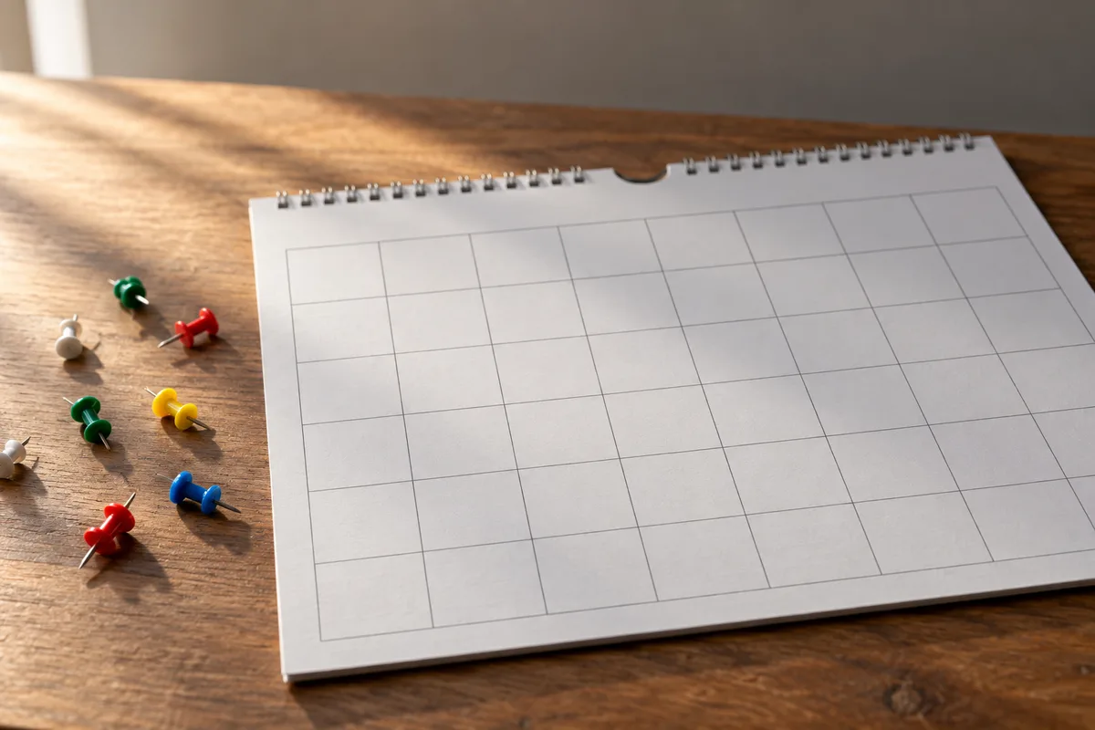 Calendrier papier vierge posé sur un bureau avec des punaises colorées