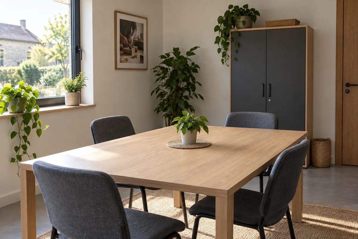 Petite salle de réunion vide d’une entreprise artisanale avec une armoire à dossiers fermée