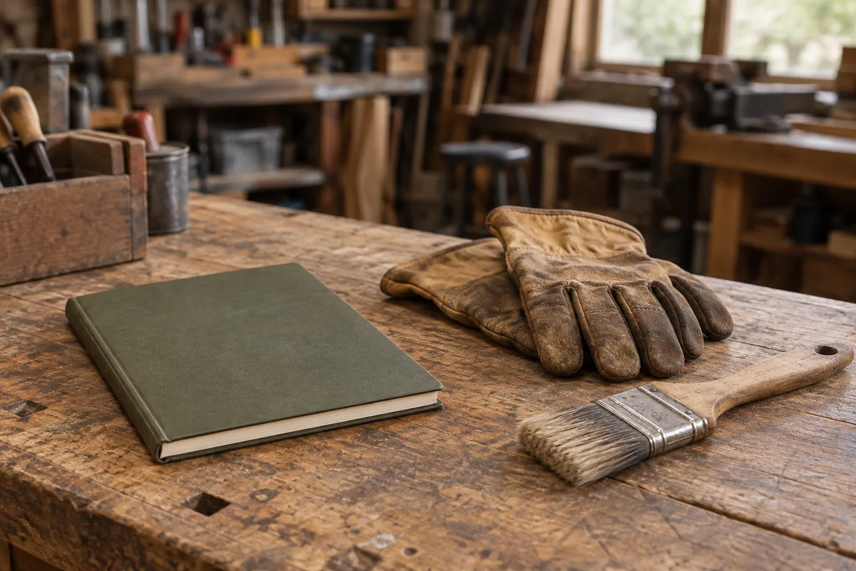 Établi d’atelier avec un carnet fermé, des gants de travail et un pinceau