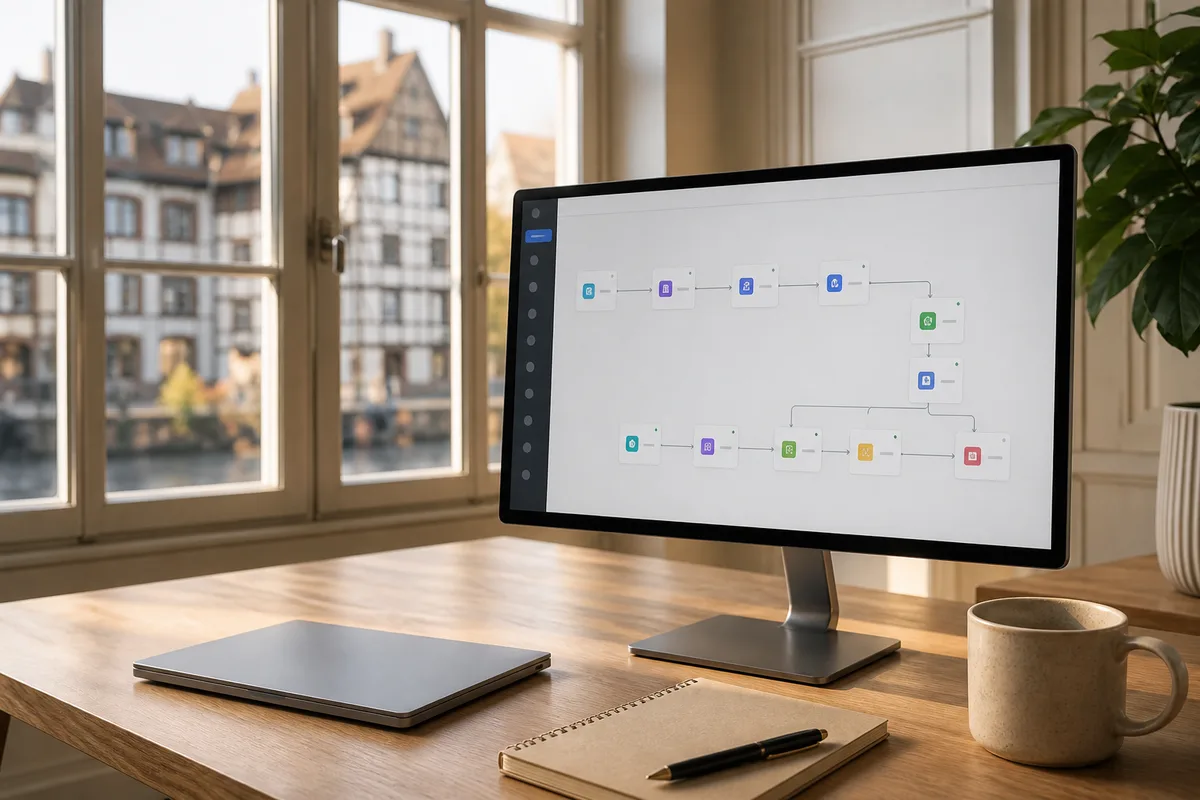 Écran affichant un scénario d&rsquo;automatisation composé de plusieurs étapes reliées