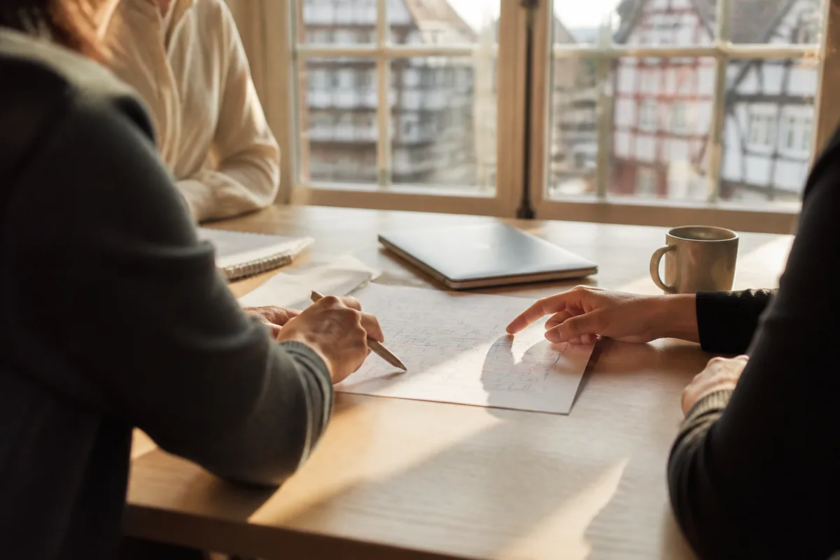 Réunion de travail autour d’un document de proposition commerciale annoté