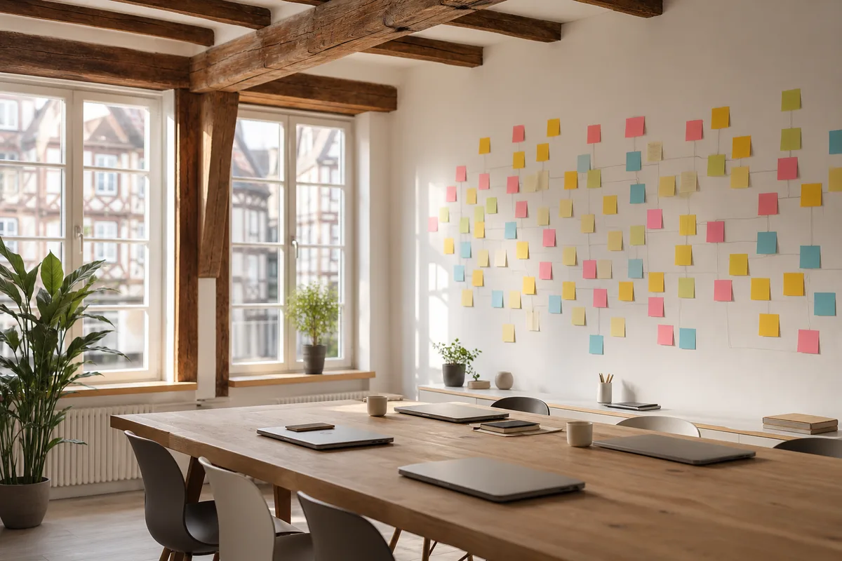 Espace de travail moderne avec deux écrans de tableaux de bord et une fenêtre sur des toits alsaciens