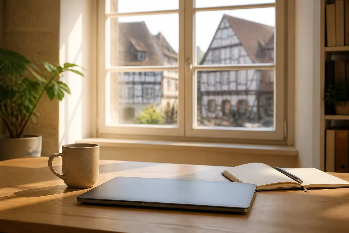 Petit bureau avec un ordinateur portable affichant un texte en cours de rédaction