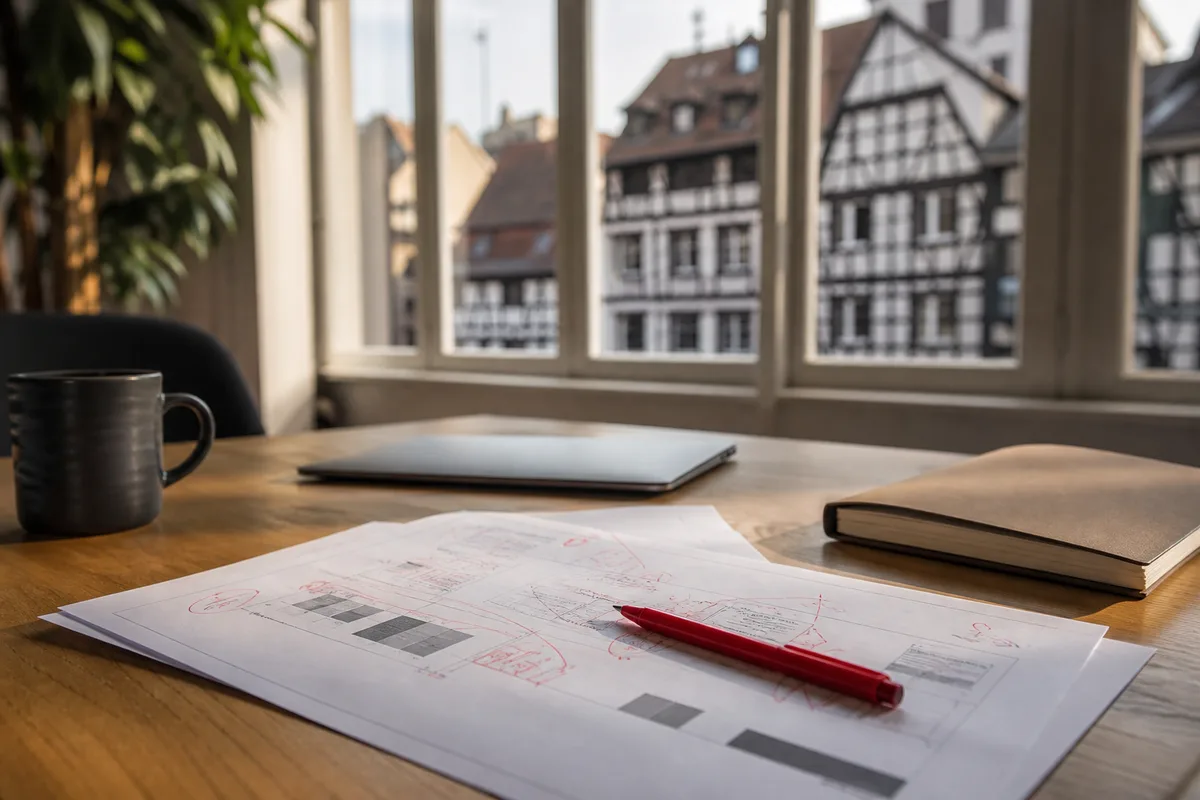 Document imprimé annoté au stylo rouge sur une table de travail