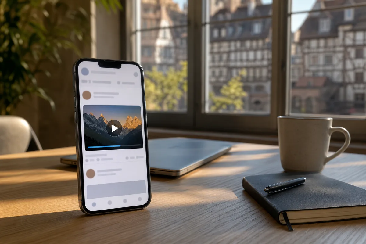 Téléphone affichant un fil d’actualité avec une publicité vidéo en cours de lecture